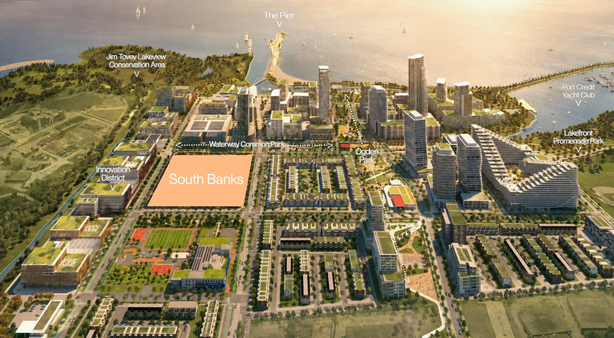Aerial view of South Banks in Lakeview Village beside the waterfront