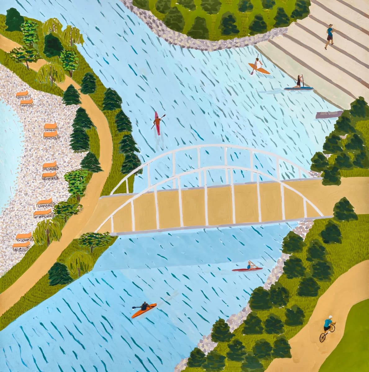 Illustration of a bridge, walking trails, and green space along the waterfront.