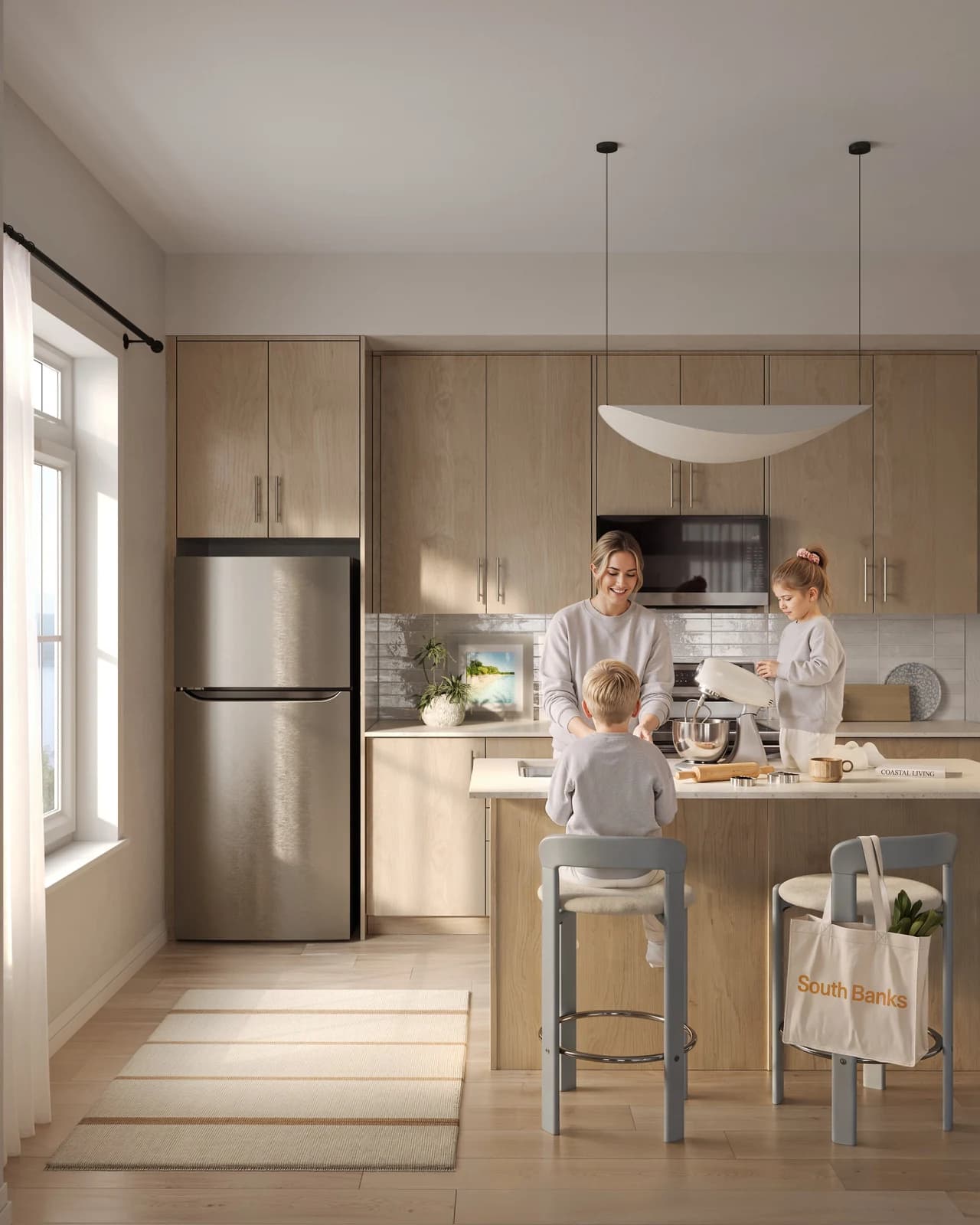 A family gathered in a bright townhome kitchen