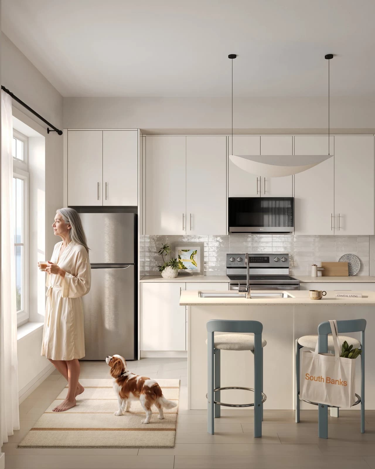 A bright townhome kitchen with a resident and dog