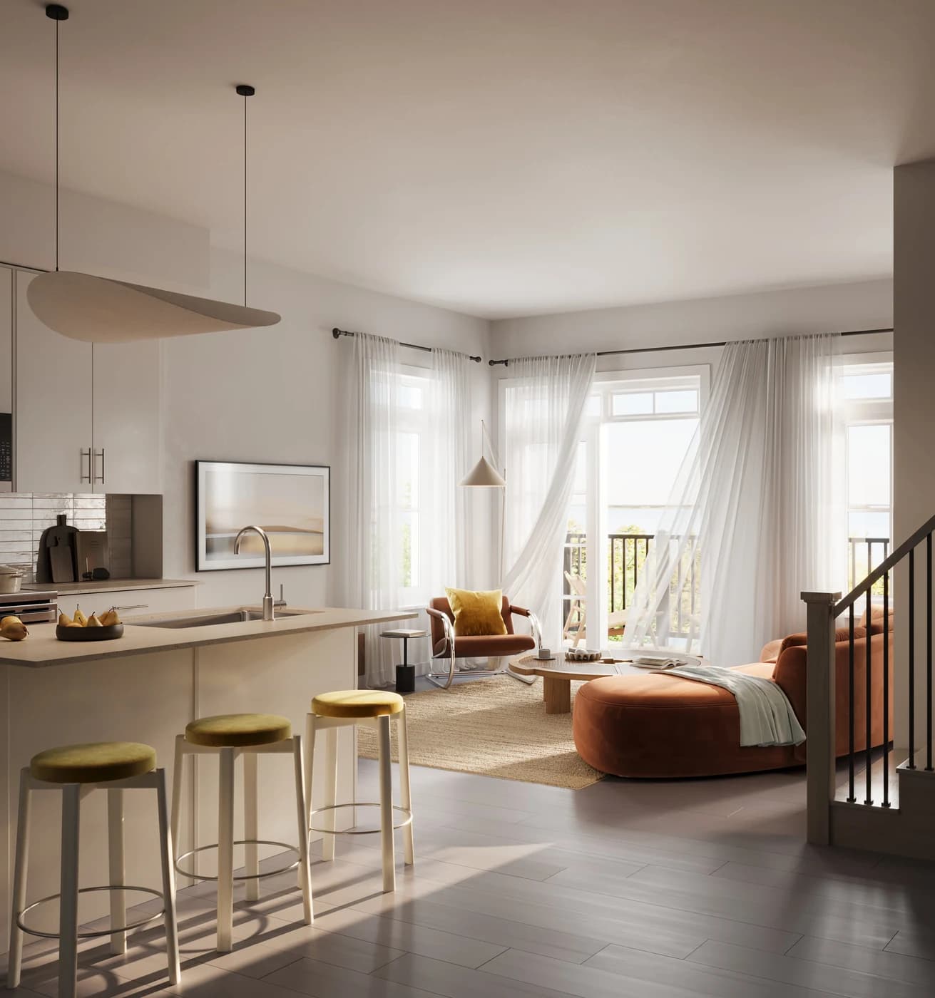 Sunlit South Banks living room with a kitchen island and large windows
